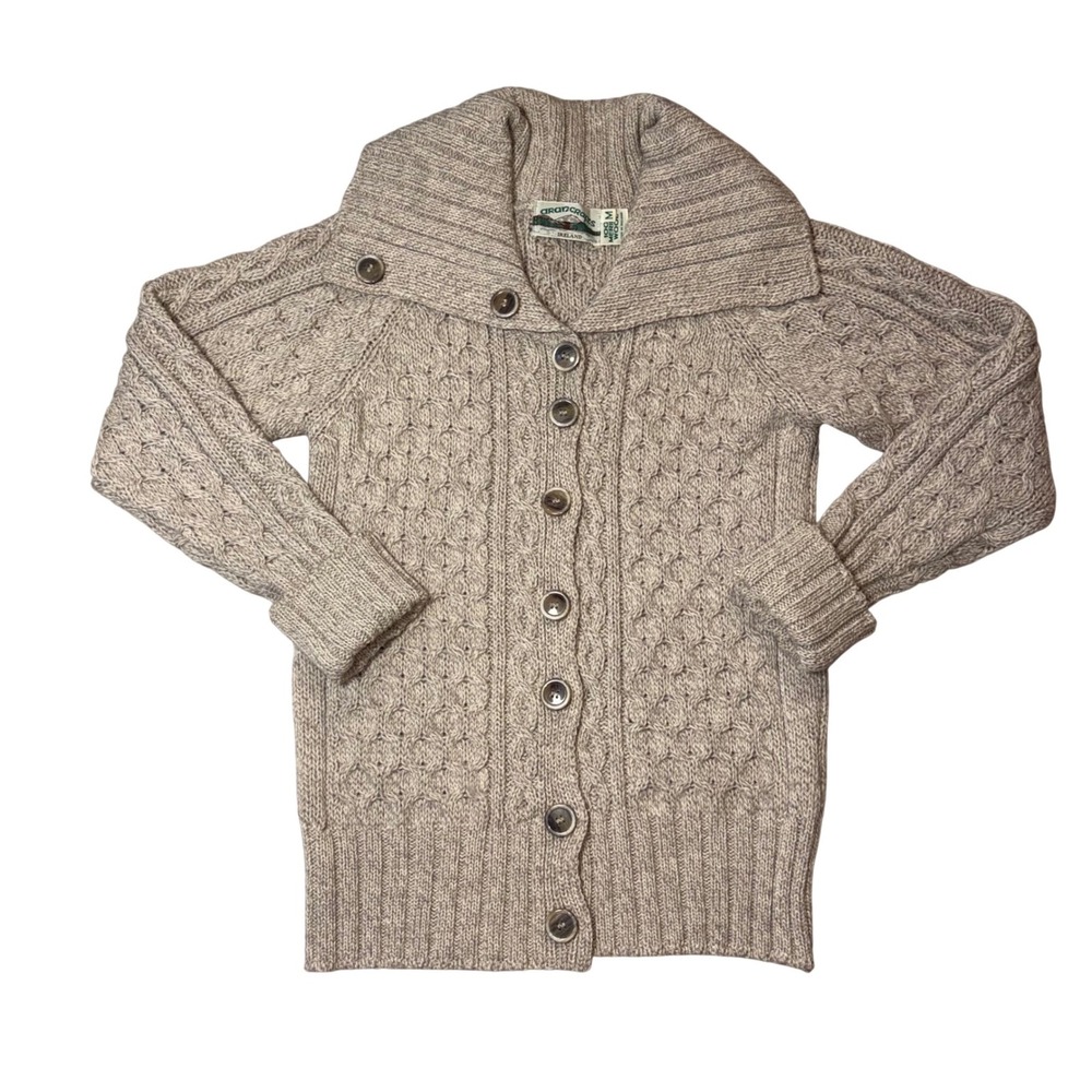 Aran Crafts Ireland Merino Wool Cable Knit Shawl Collar Cardigan Oatmeal Beige M